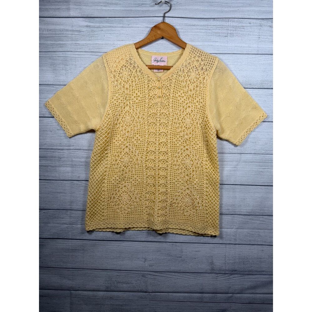 Vintage Jaclyn Smith Women's Large Yellow Crochet Knit Short Sleeve Top 4405
